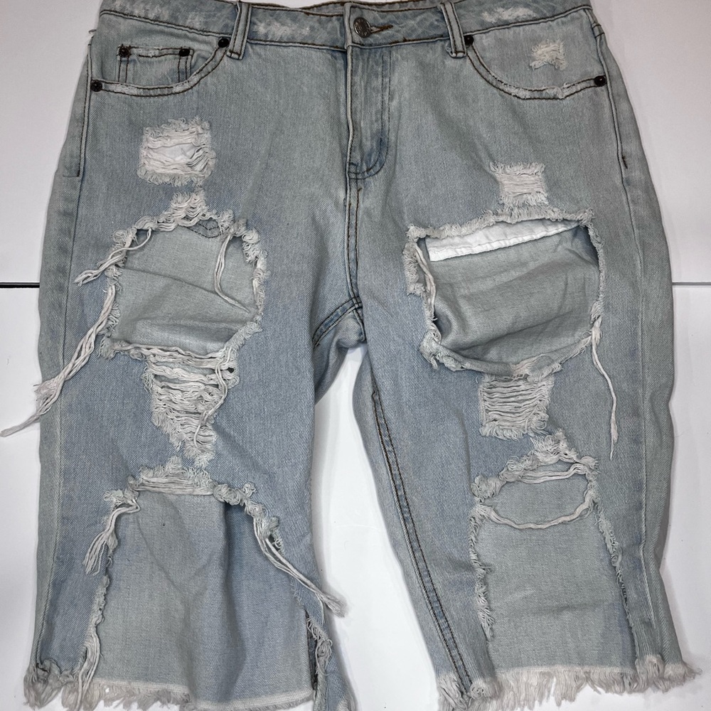 Distressed Light Blue Denim Shorts